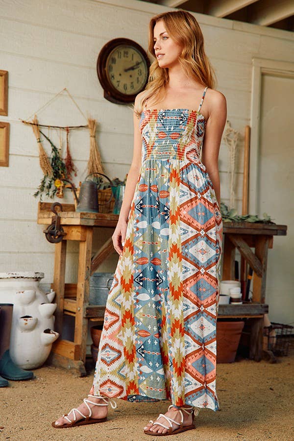 Smocked Aztec Print Jumpsuit