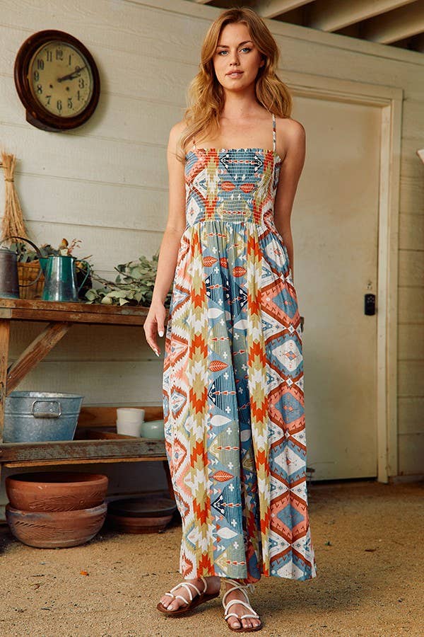 Smocked Aztec Print Jumpsuit
