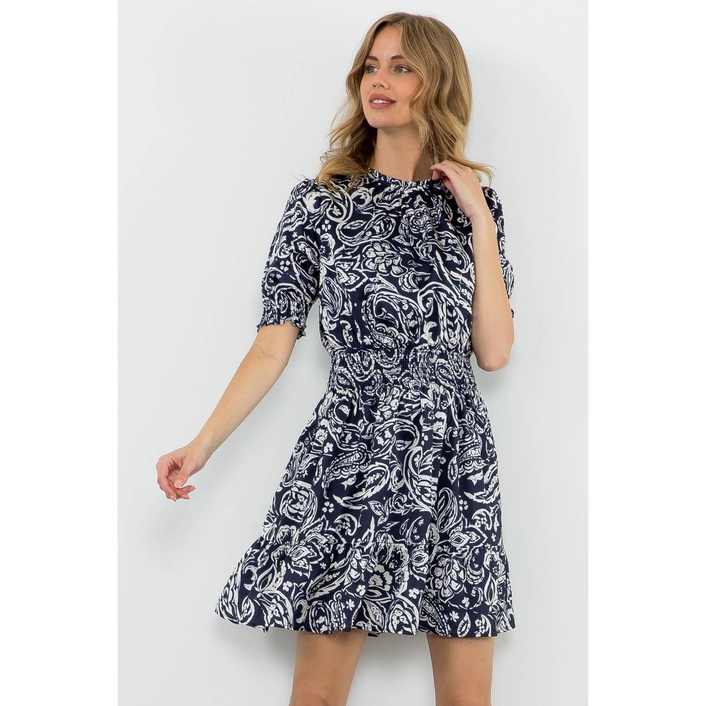 Navy Short Sleeve Smocked Waist Dress with Leaf Print