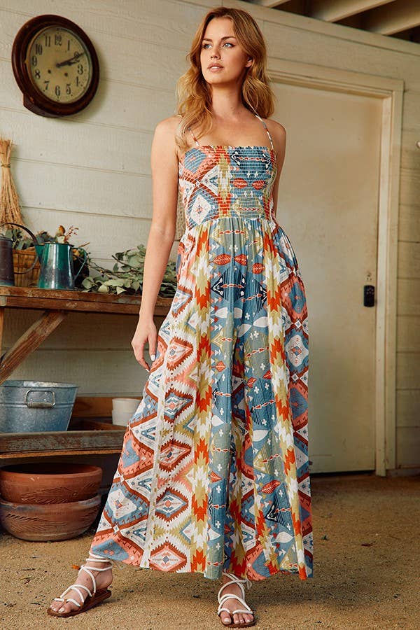 Smocked Aztec Print Jumpsuit