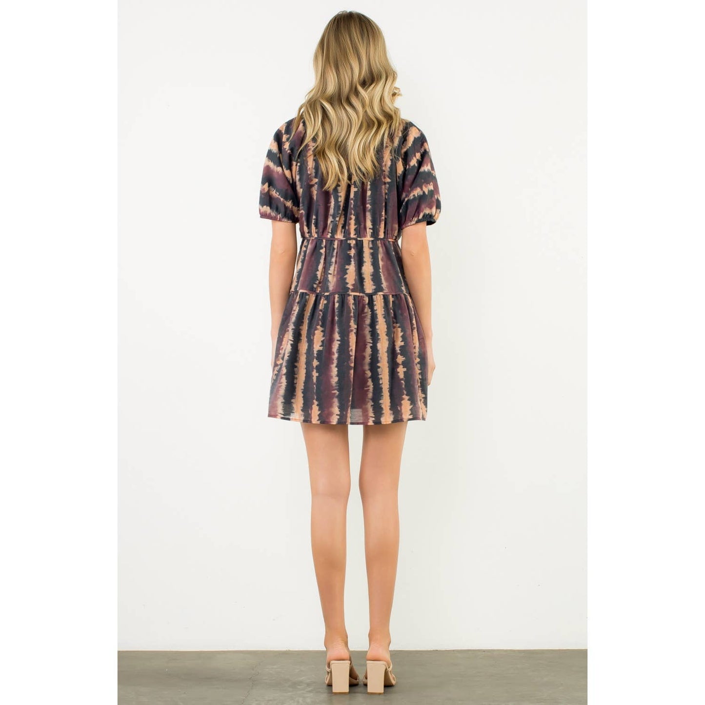 Pleated Trim Puff Sleeve Tie Dye Dress