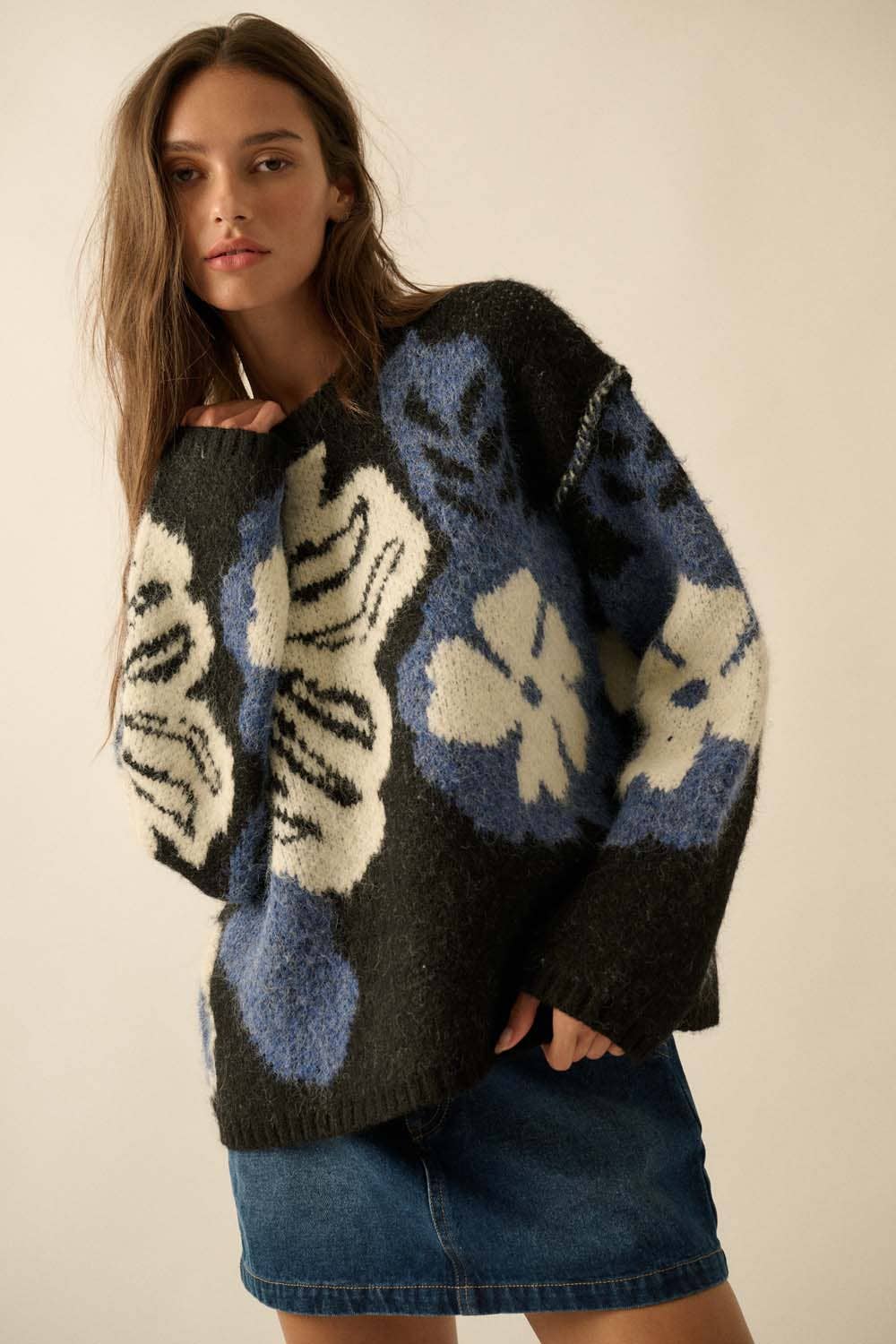 Fuzzy Floral Jacquard Exposed-Seam Sweater