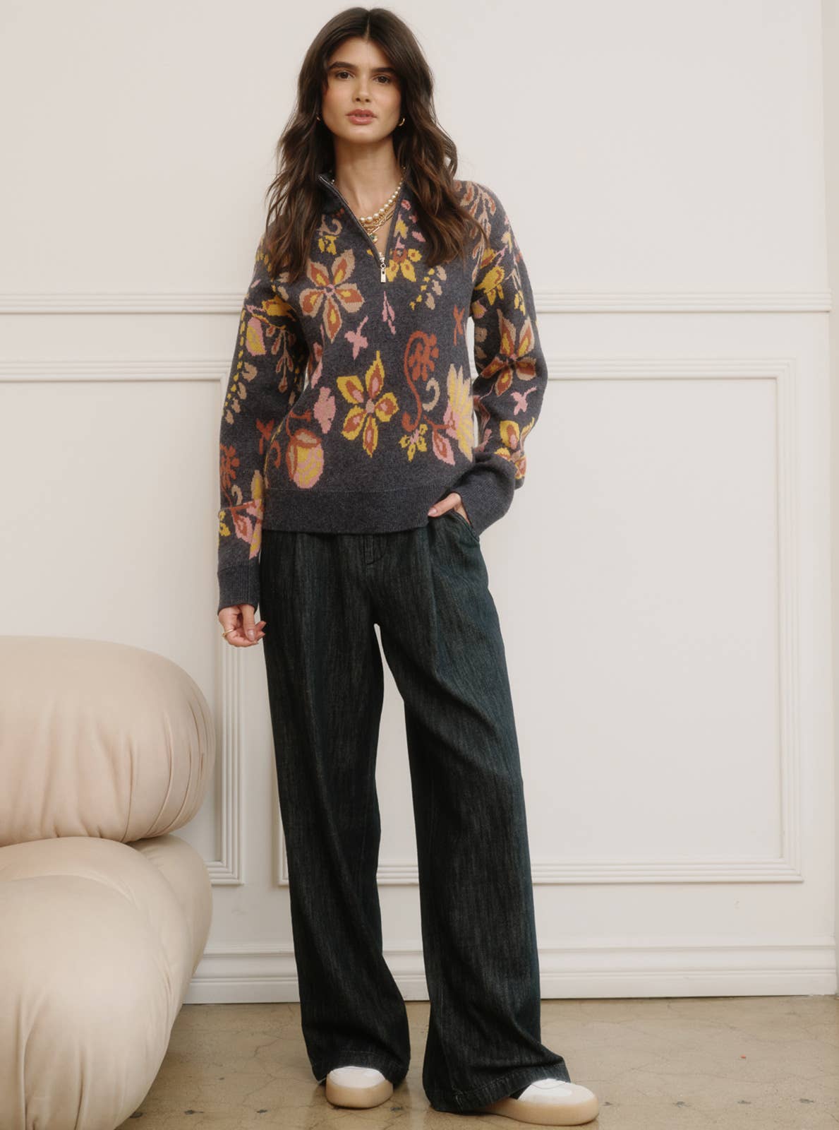 Floral Jacquard Zip Sweater
