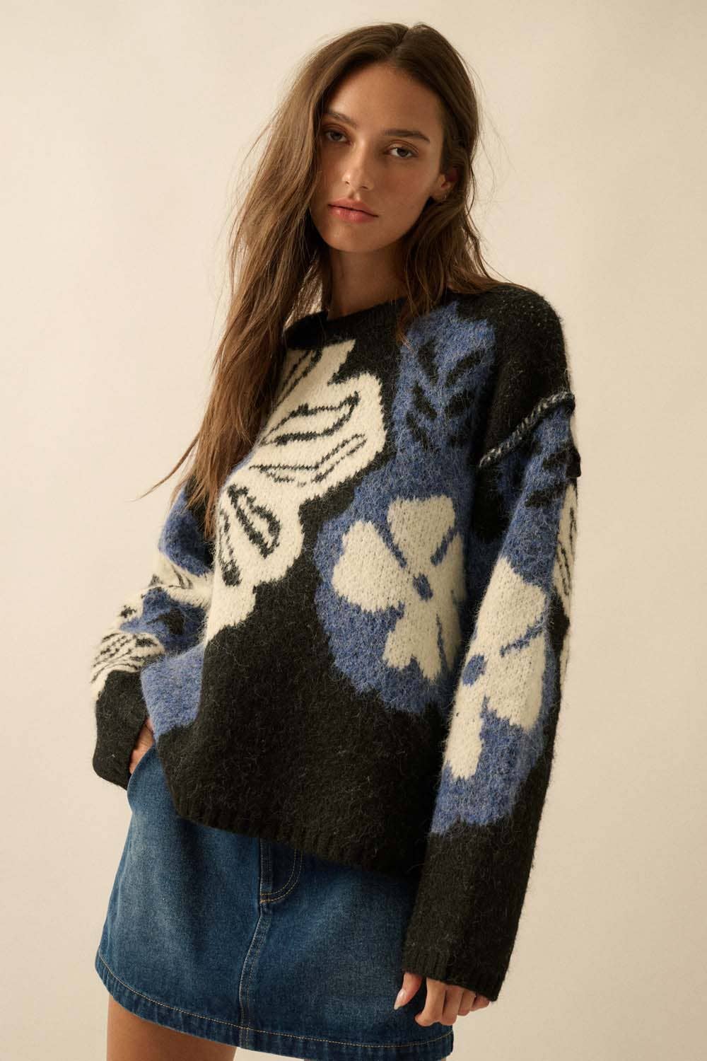 Fuzzy Floral Jacquard Exposed-Seam Sweater
