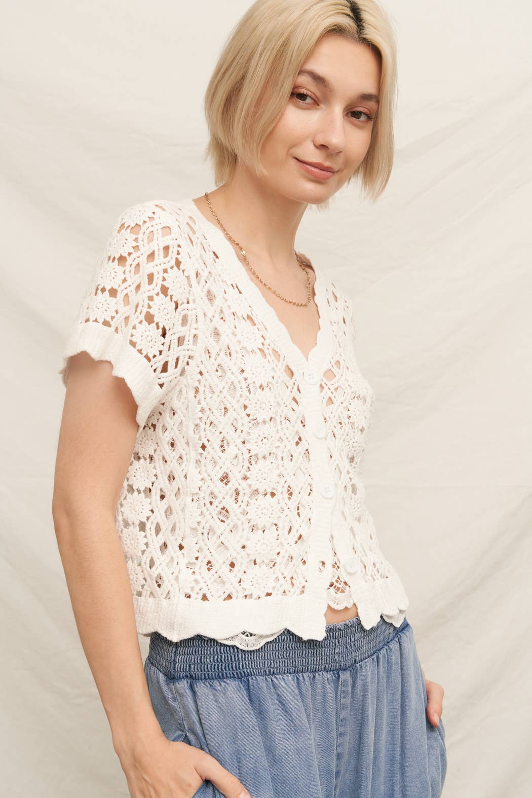 Short Sleeve V-Neck Crochet Sweater Top