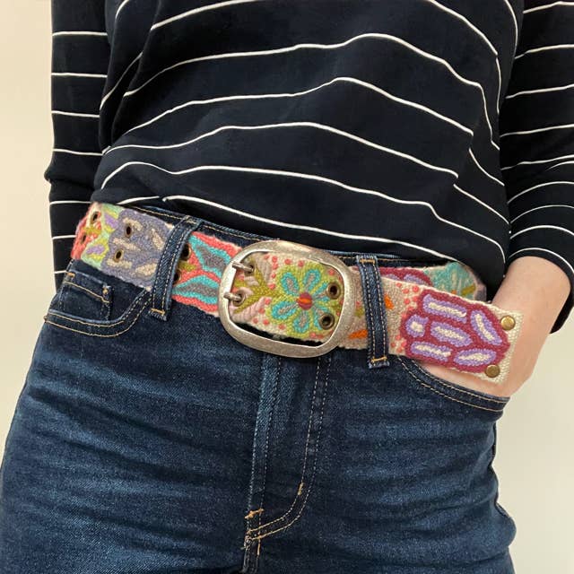 Folklorica Floral Embroidered Wool Belt, Cream