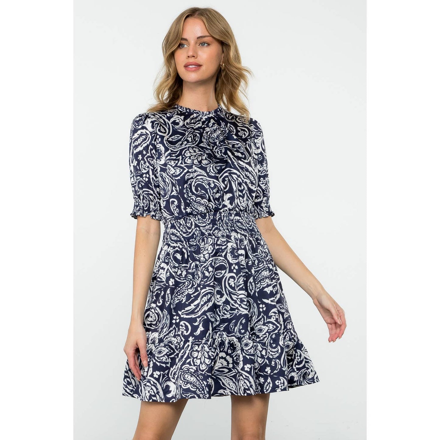 Navy Short Sleeve Smocked Waist Dress with Leaf Print