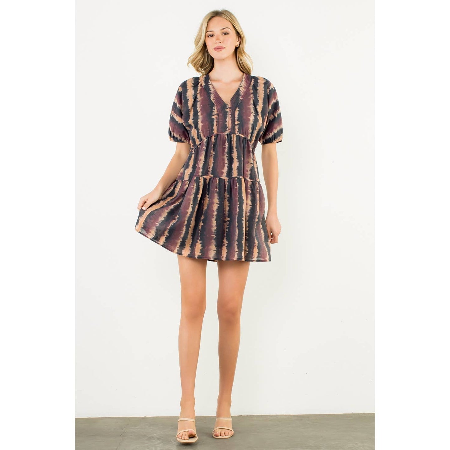 Pleated Trim Puff Sleeve Tie Dye Dress