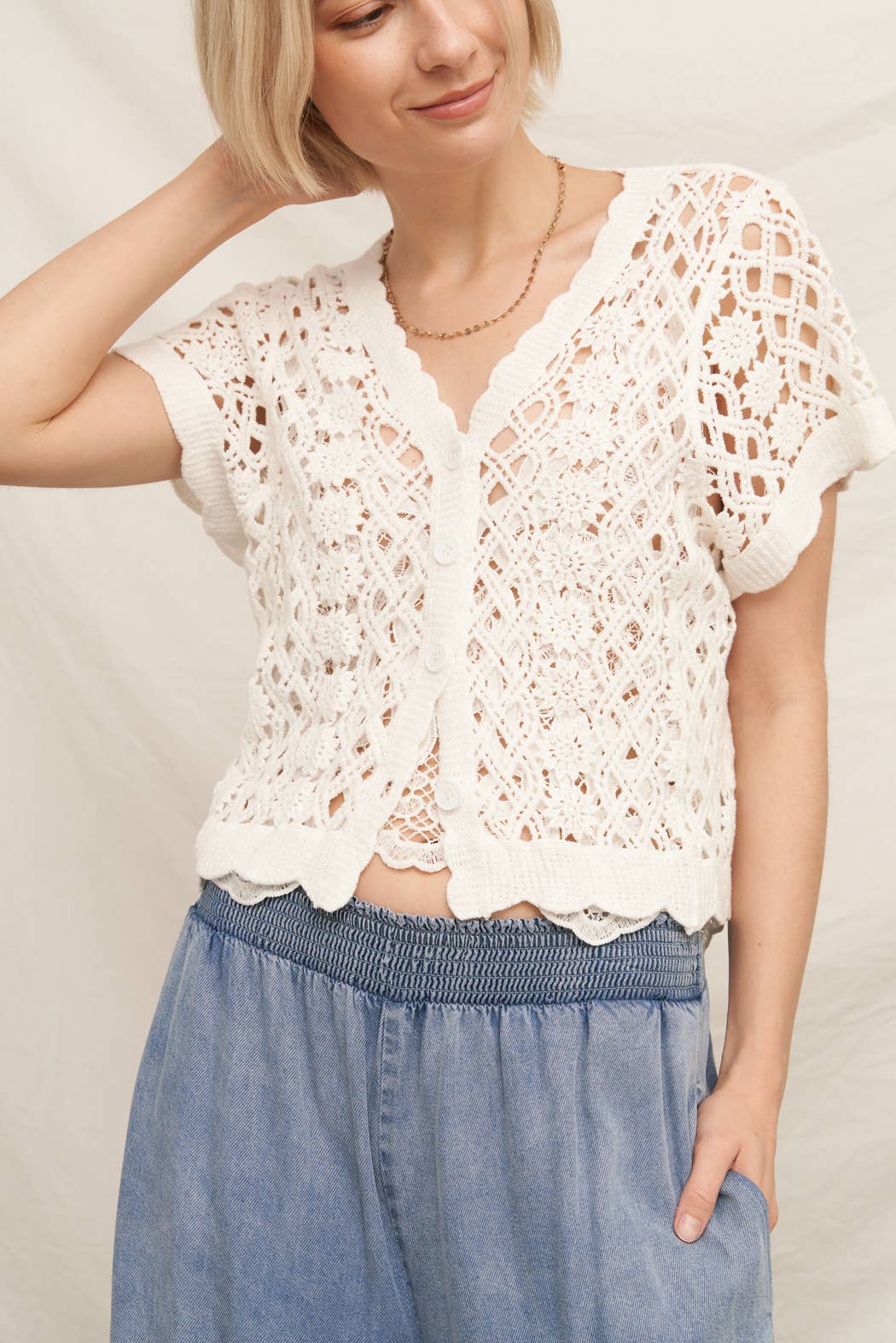 Short Sleeve V-Neck Crochet Sweater Top
