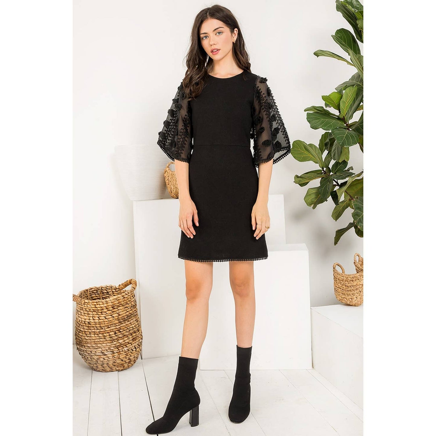 Black Bell Sleeve Rib Knit Mini Dress with Sheer Detail