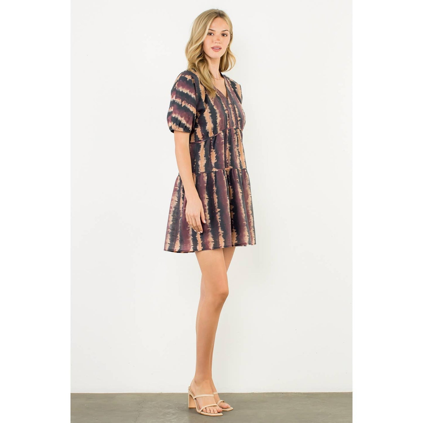 Pleated Trim Puff Sleeve Tie Dye Dress