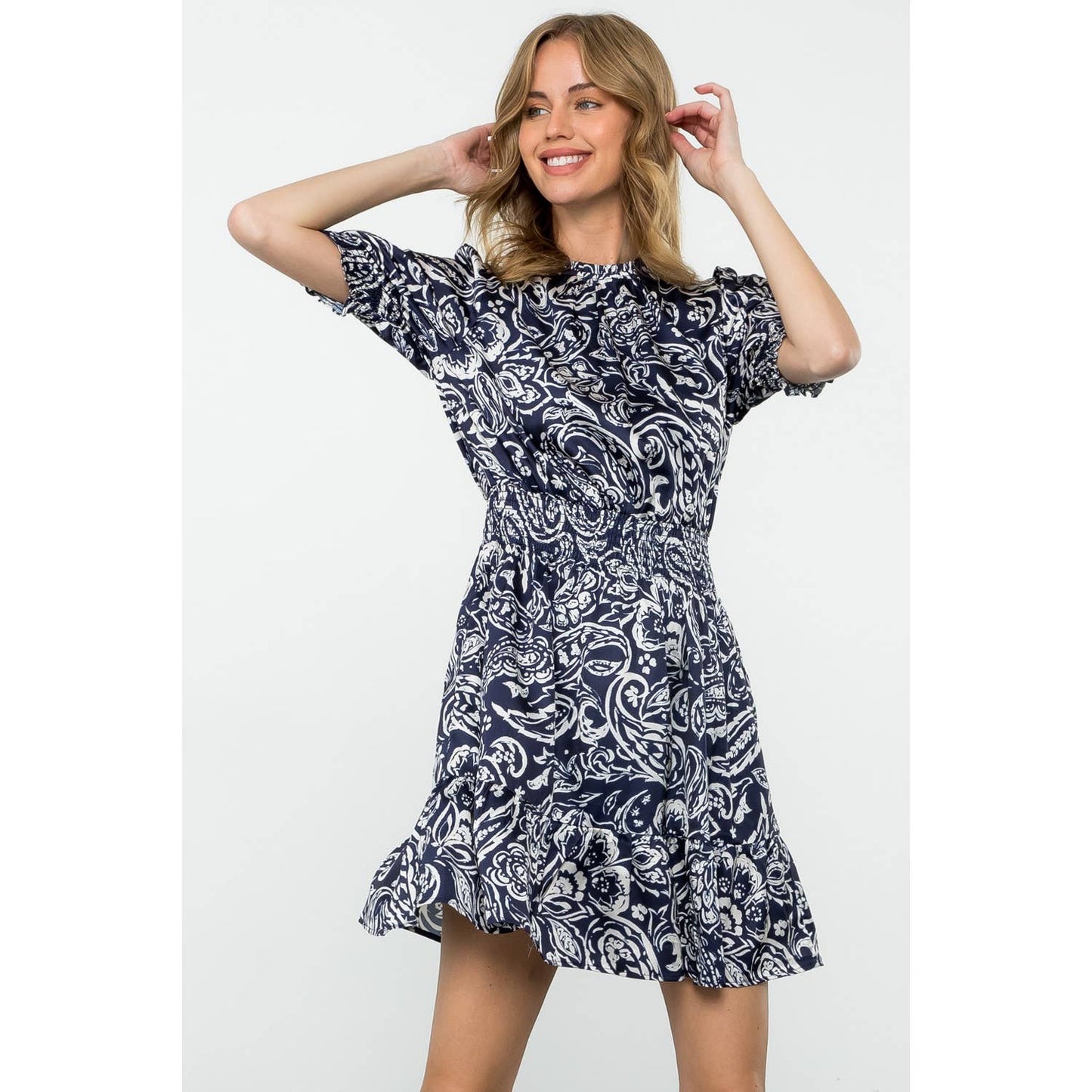 Navy Short Sleeve Smocked Waist Dress with Leaf Print