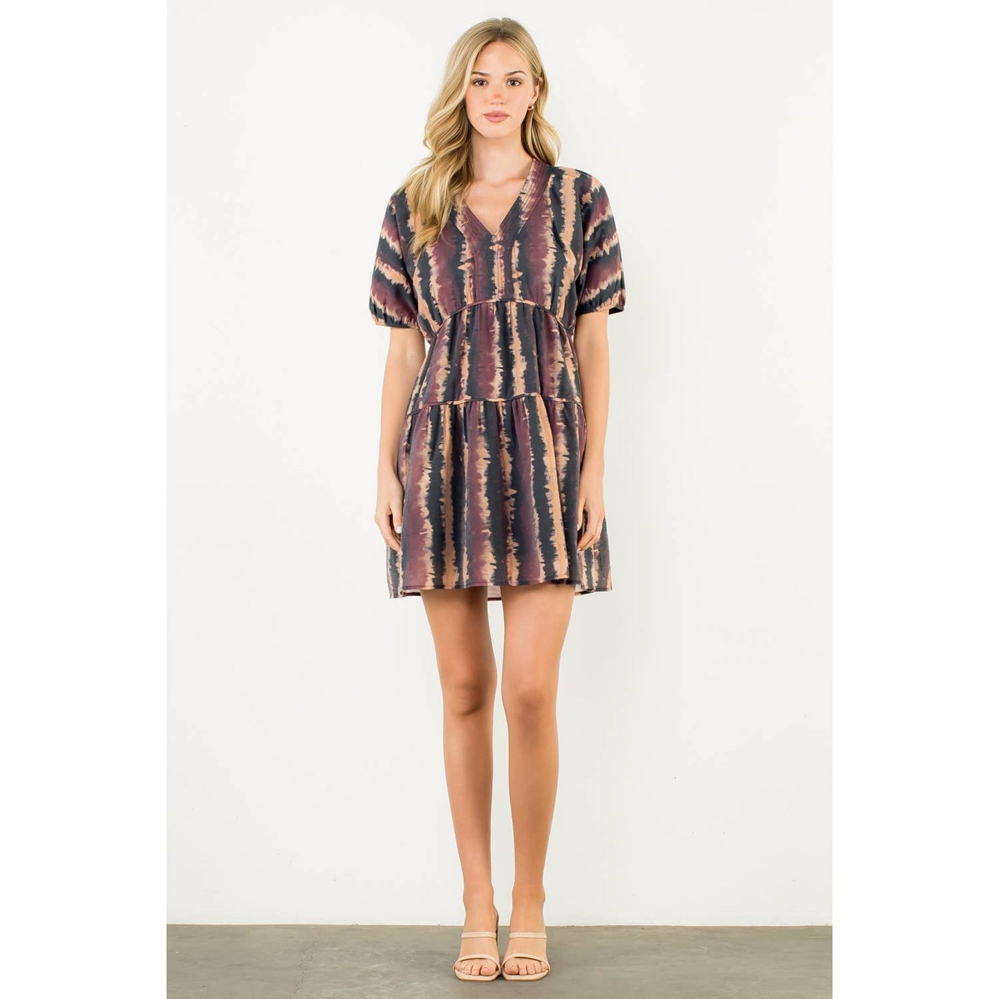 Pleated Trim Puff Sleeve Tie Dye Dress