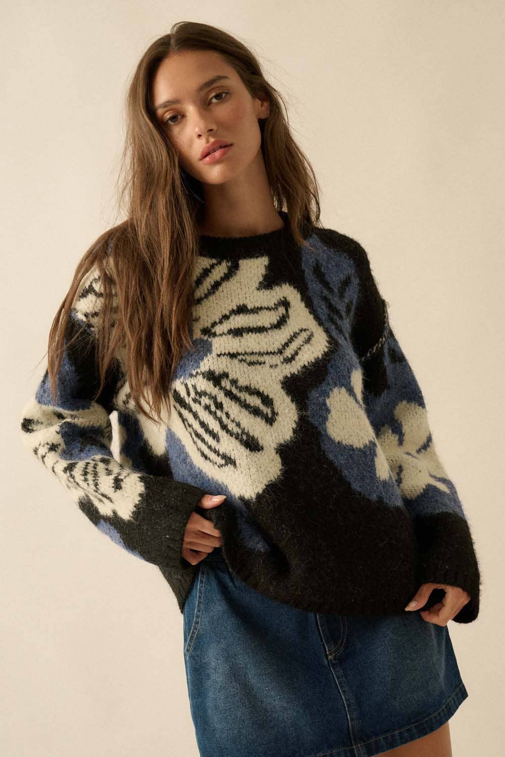 Fuzzy Floral Jacquard Exposed-Seam Sweater