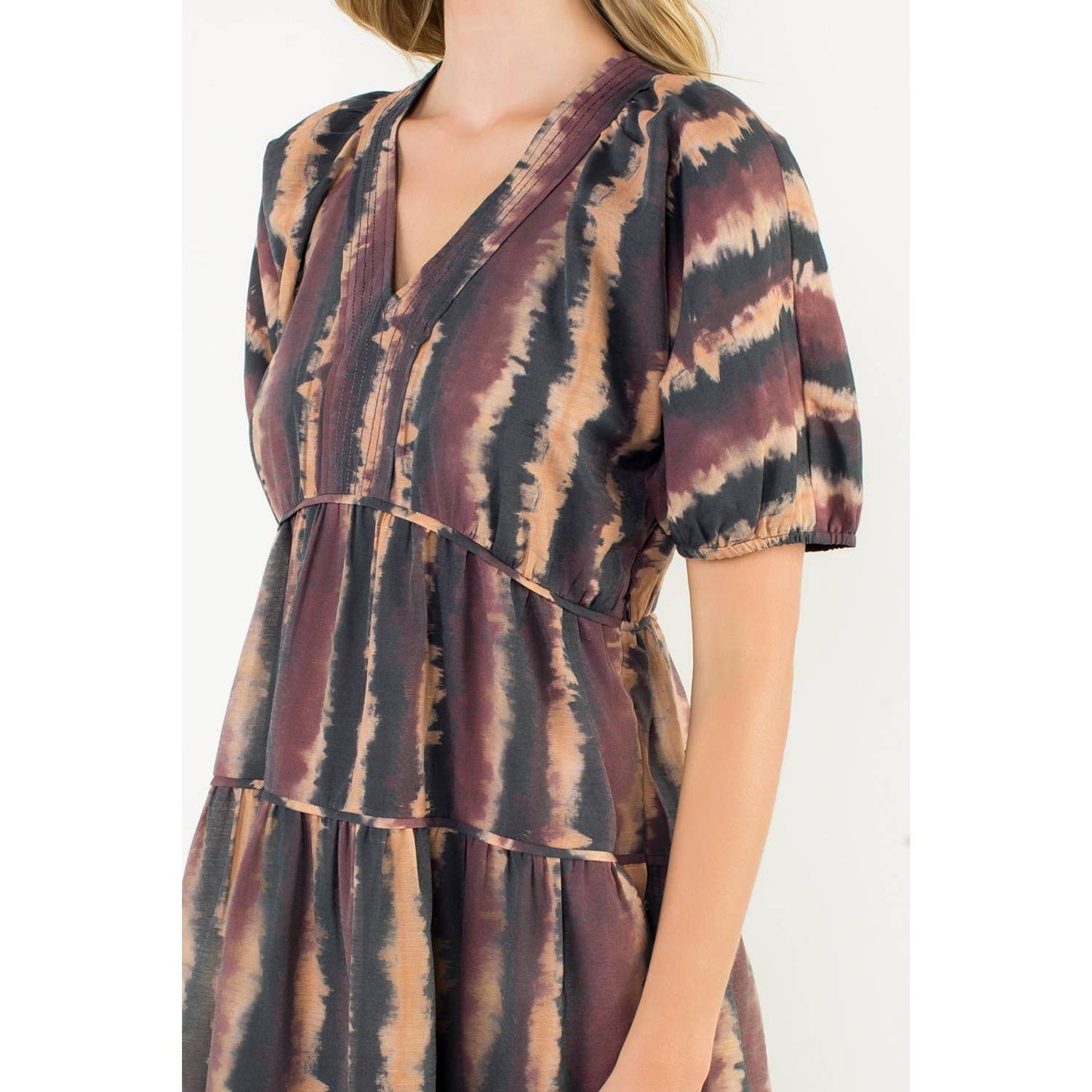 Pleated Trim Puff Sleeve Tie Dye Dress