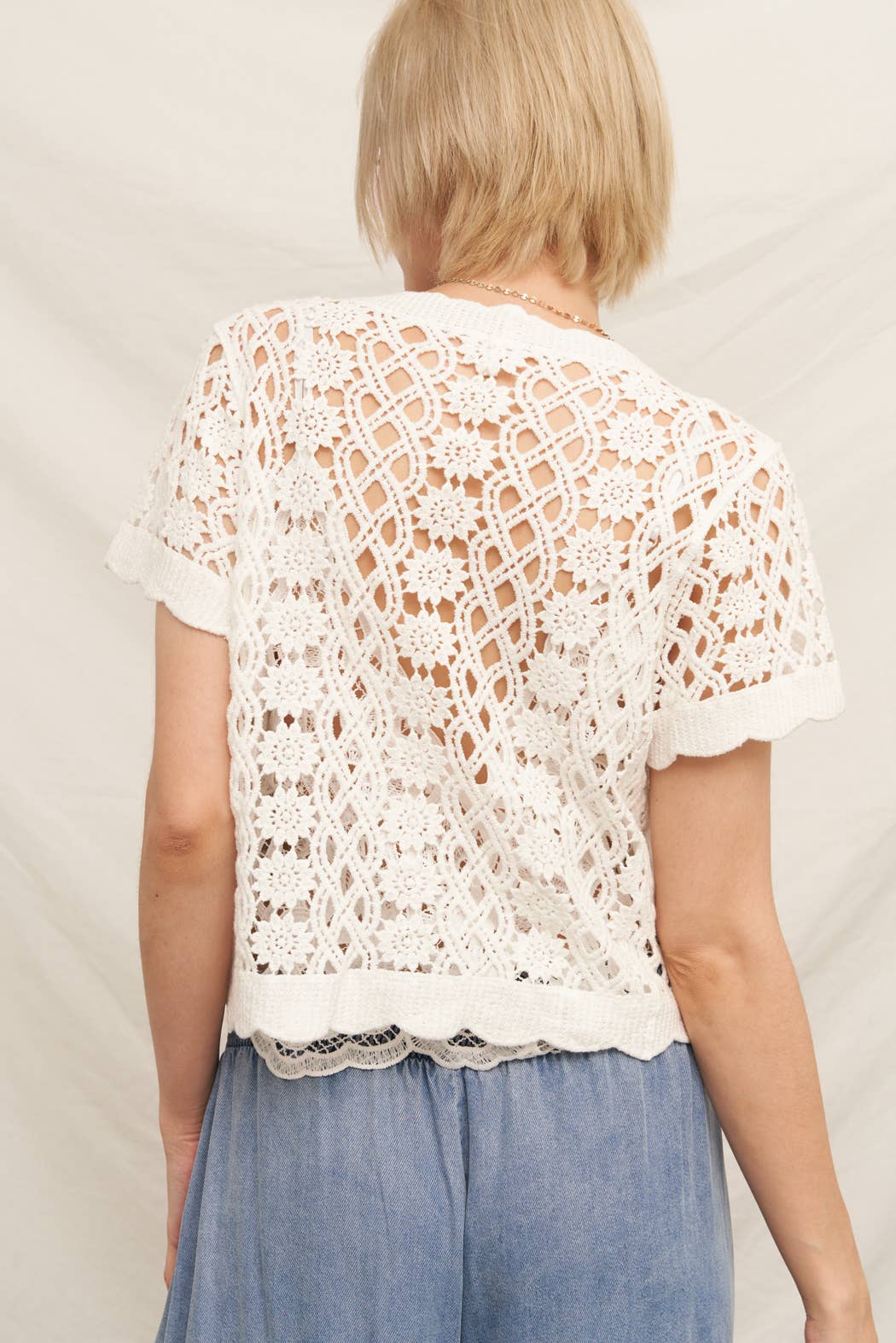 Short Sleeve V-Neck Crochet Sweater Top