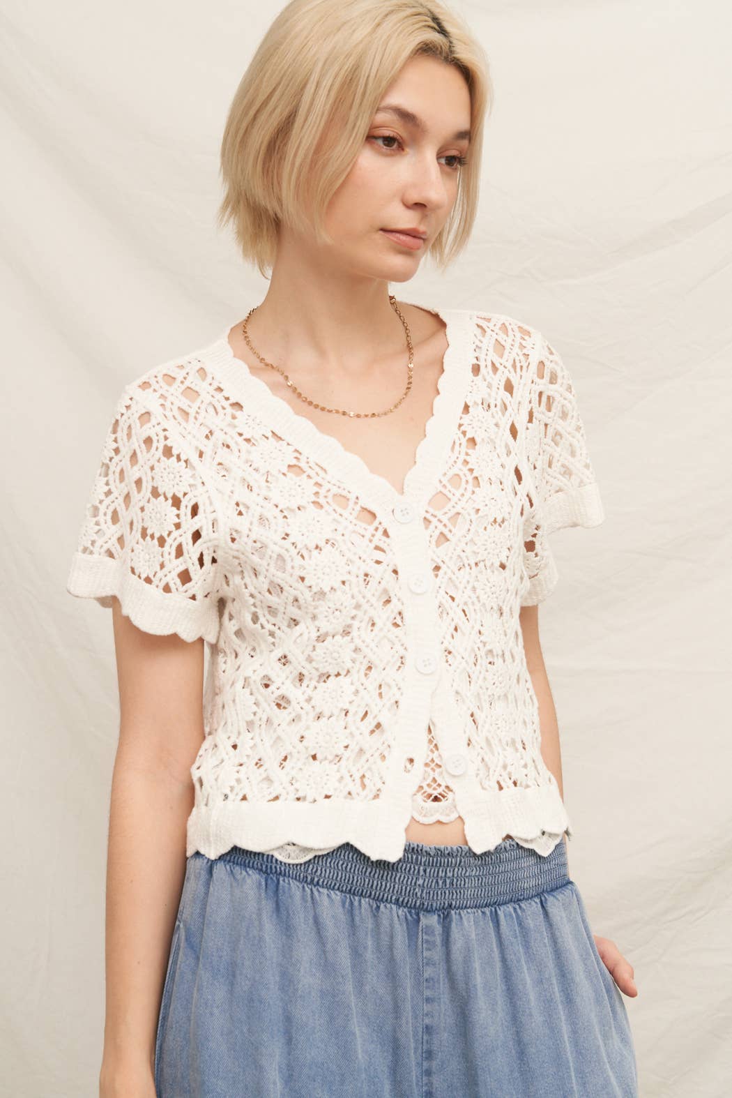 Short Sleeve V-Neck Crochet Sweater Top