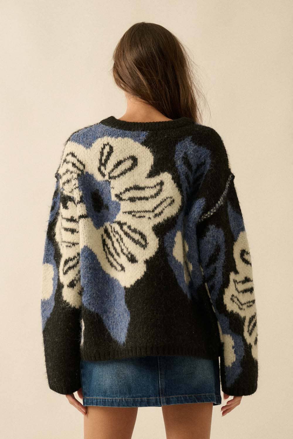 Fuzzy Floral Jacquard Exposed-Seam Sweater