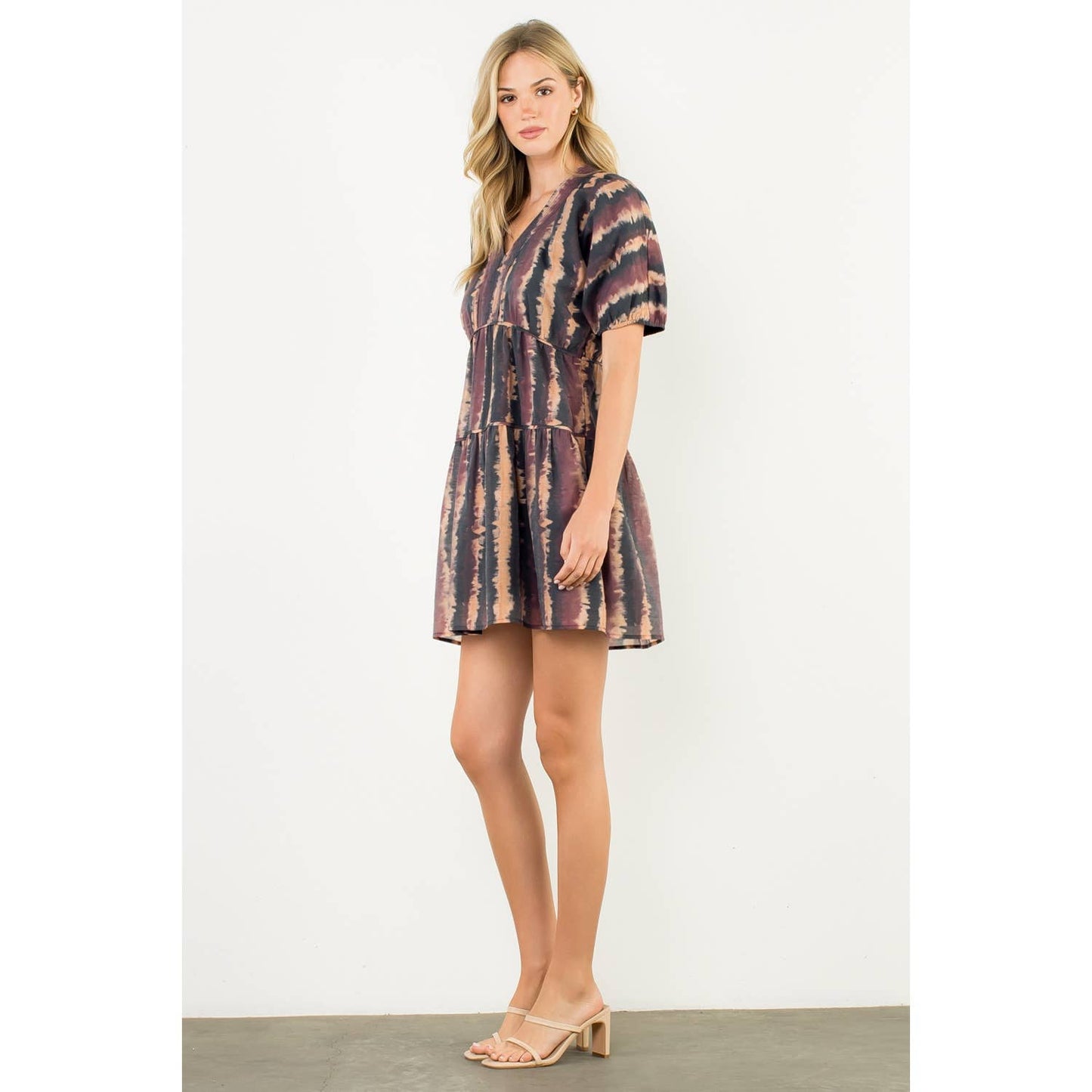 Pleated Trim Puff Sleeve Tie Dye Dress