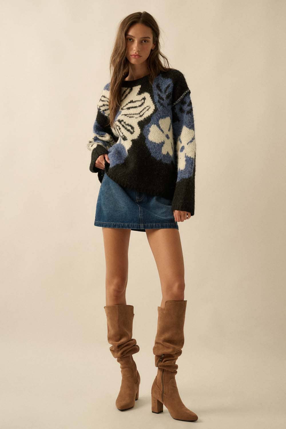 Fuzzy Floral Jacquard Exposed-Seam Sweater