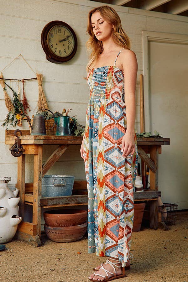 Smocked Aztec Print Jumpsuit