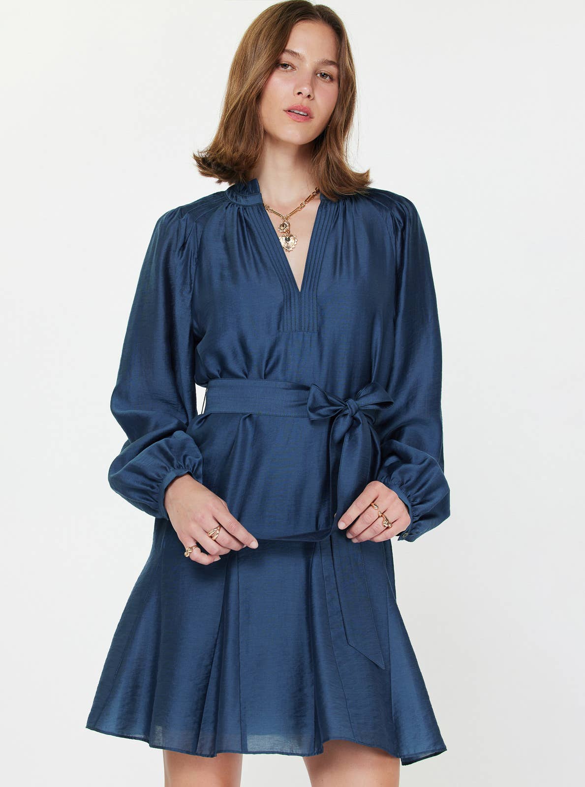 Godet Detail Long Sleeve Mini Dress