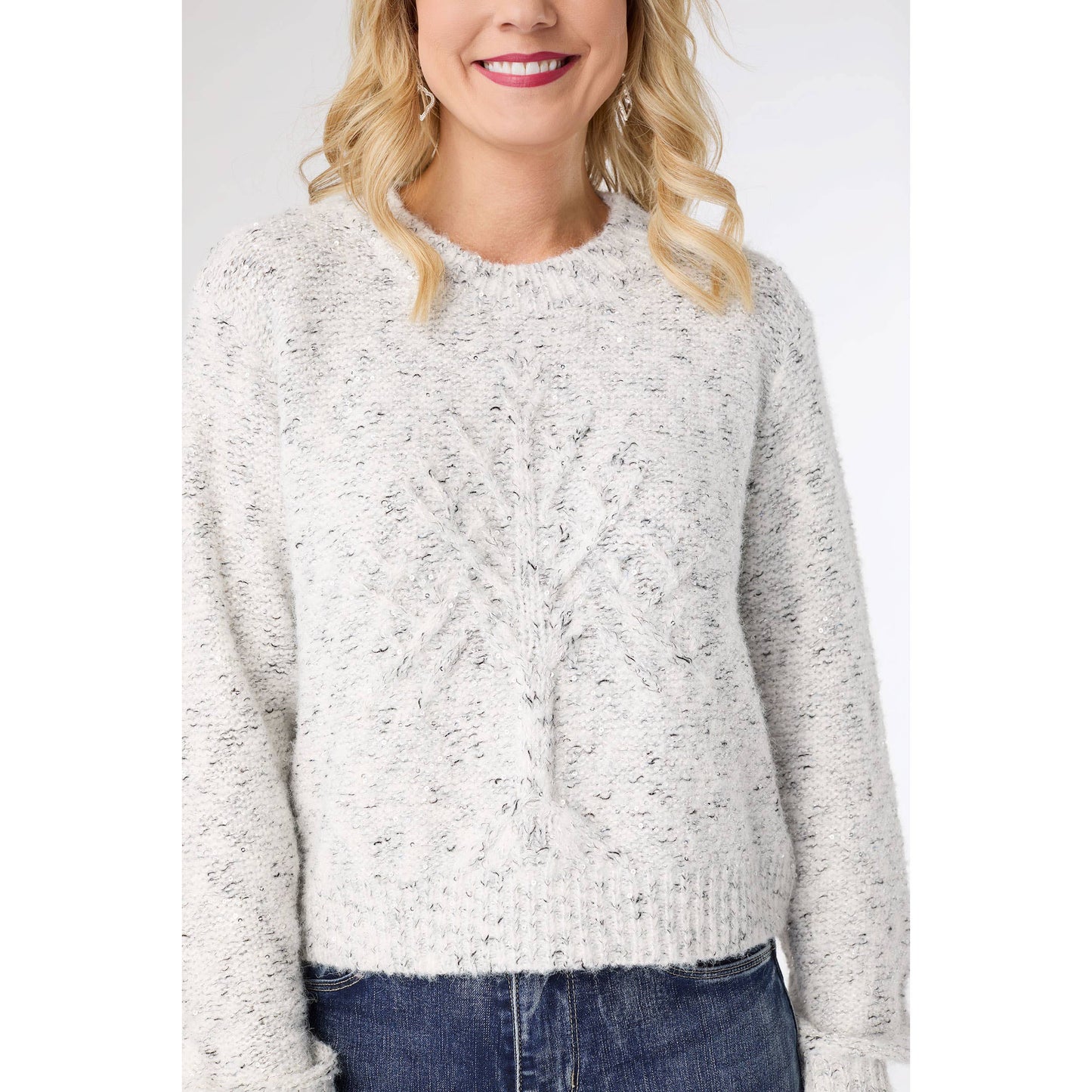 Alivia Sparkle Sweater w/ Front Cable Knit Tree - Christmas