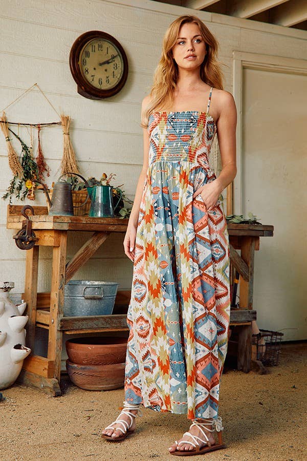 Smocked Aztec Print Jumpsuit