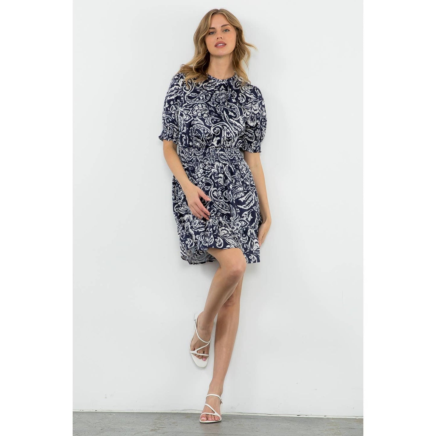 Navy Short Sleeve Smocked Waist Dress with Leaf Print