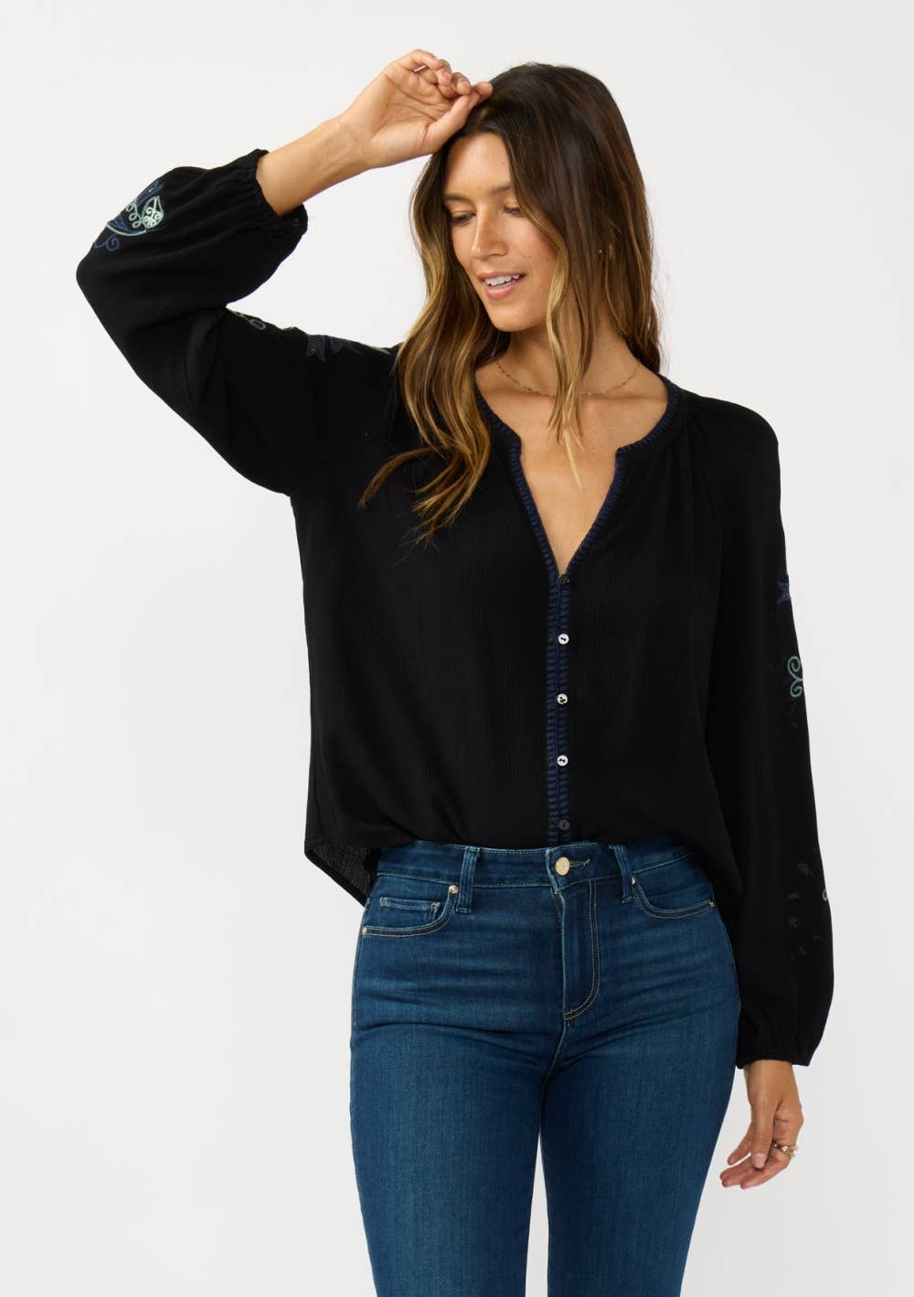 Embroidered Sleeve Button Down Blouse