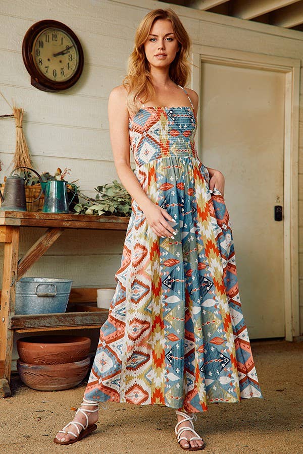 Smocked Aztec Print Jumpsuit