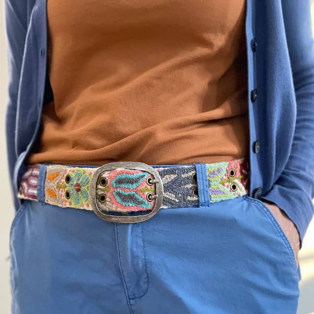 Folklorica Floral Embroidered Wool Belt, Cream