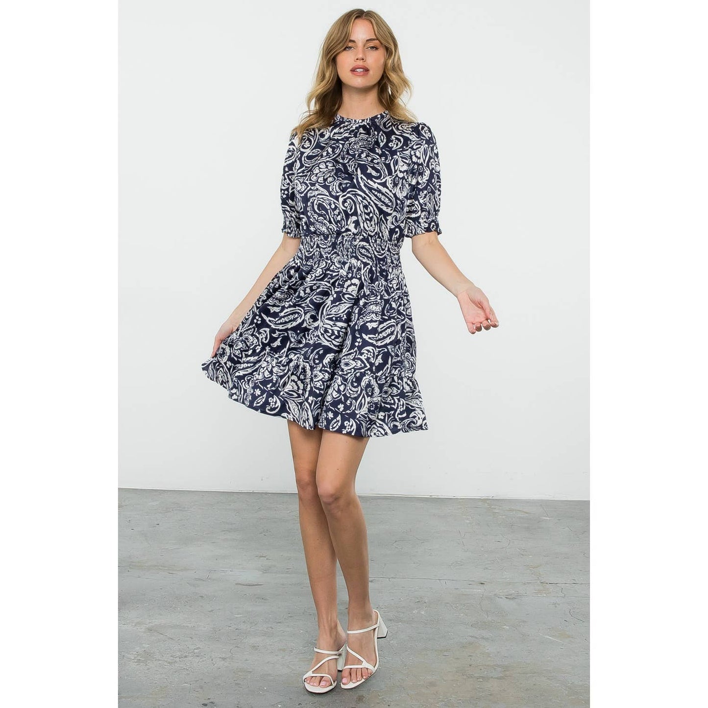 Navy Short Sleeve Smocked Waist Dress with Leaf Print