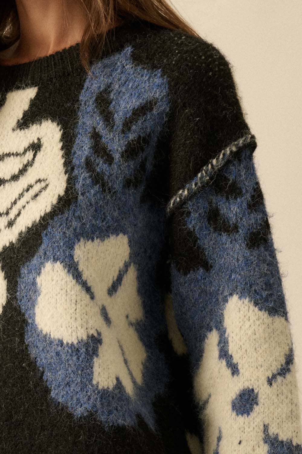 Fuzzy Floral Jacquard Exposed-Seam Sweater