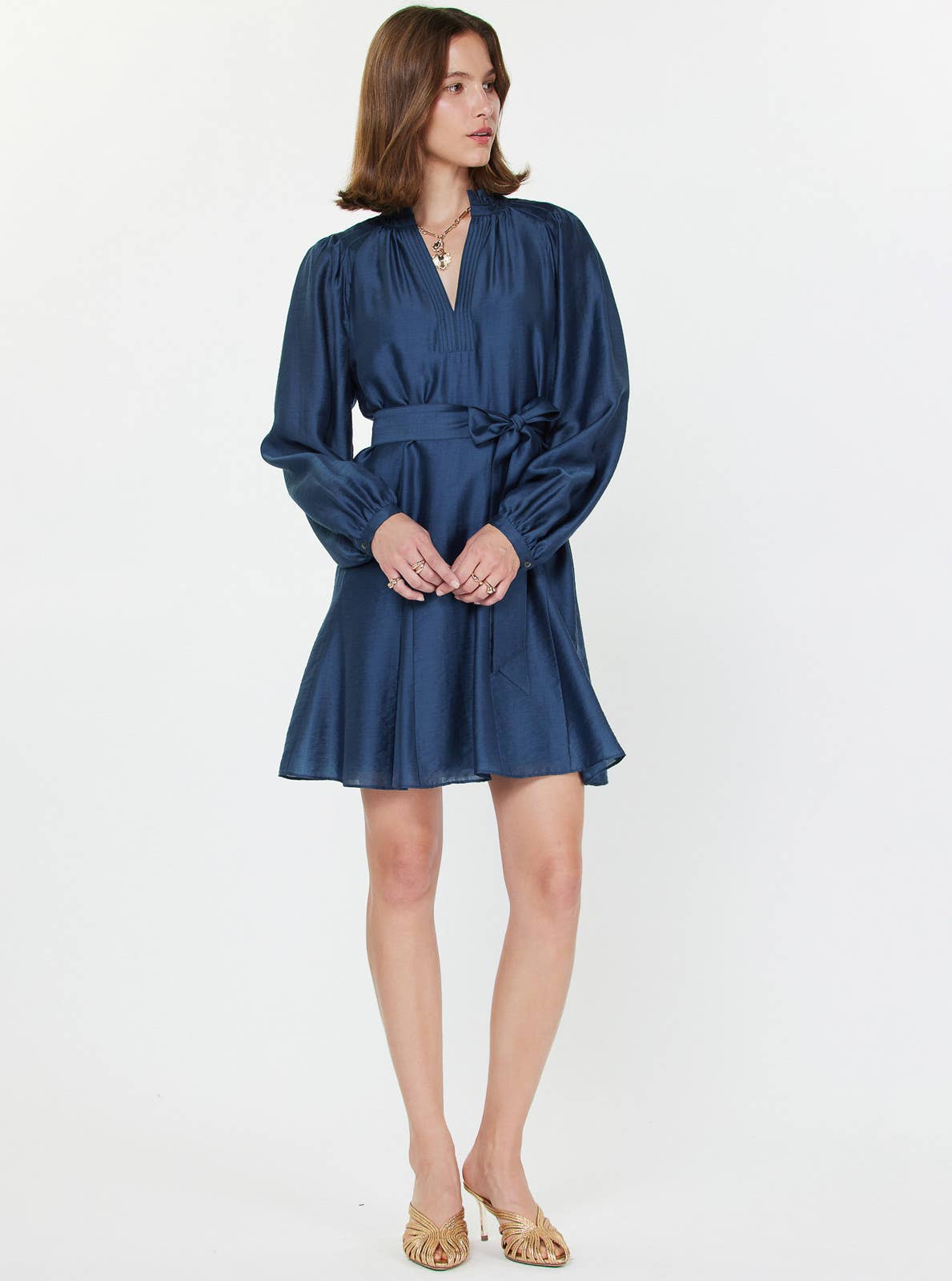 Godet Detail Long Sleeve Mini Dress