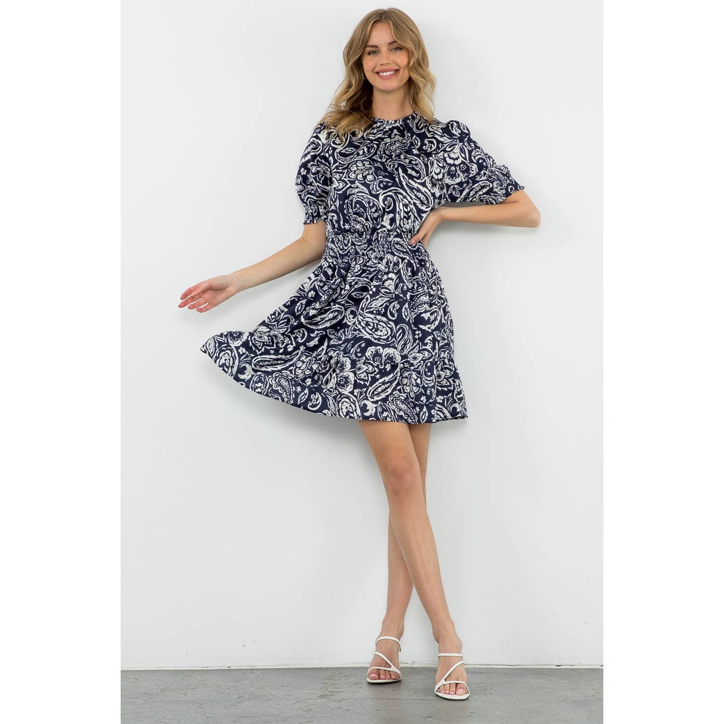 Navy Short Sleeve Smocked Waist Dress with Leaf Print