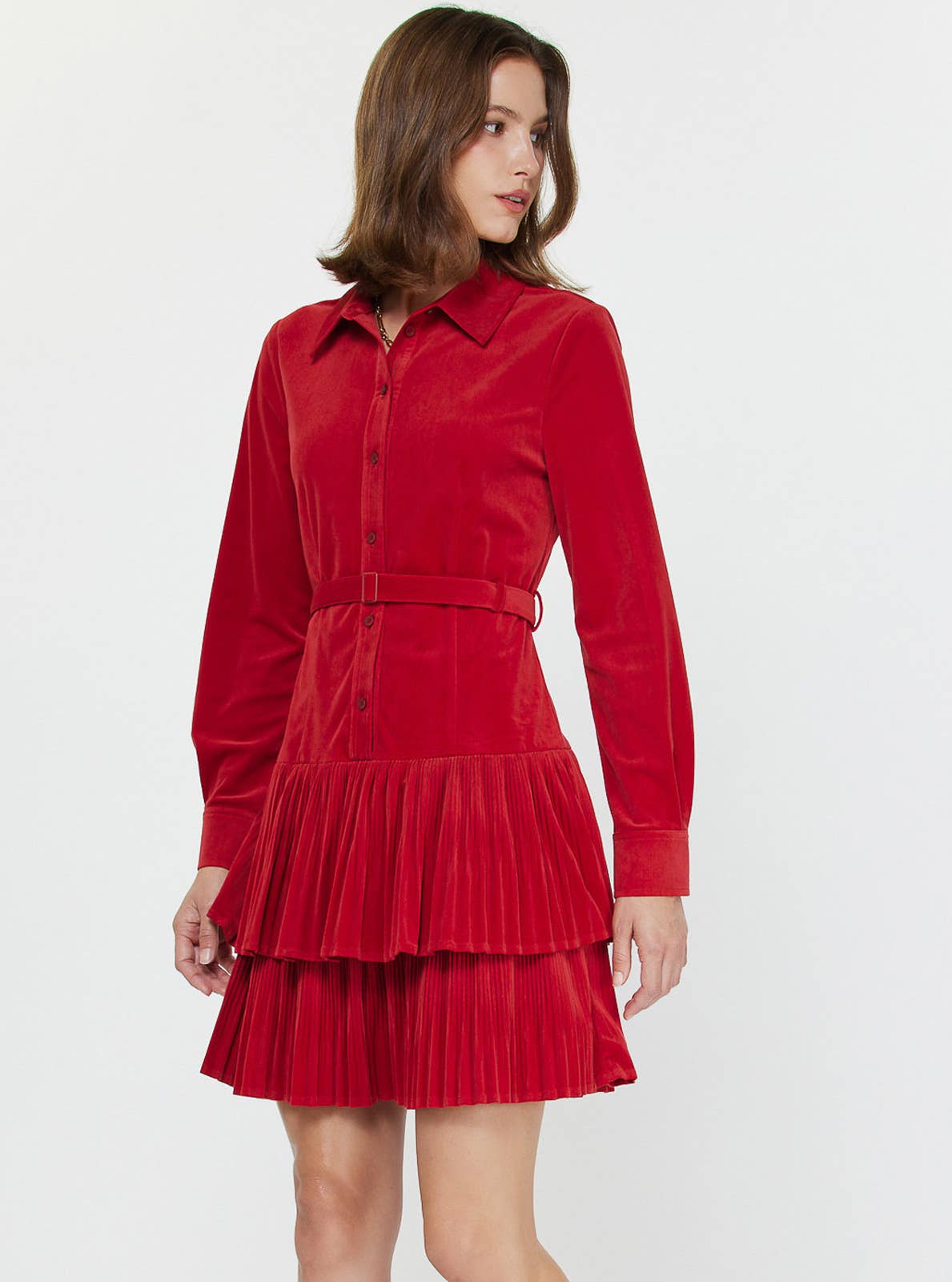 Velvet Pleated Tiered Shirt Mini Dress