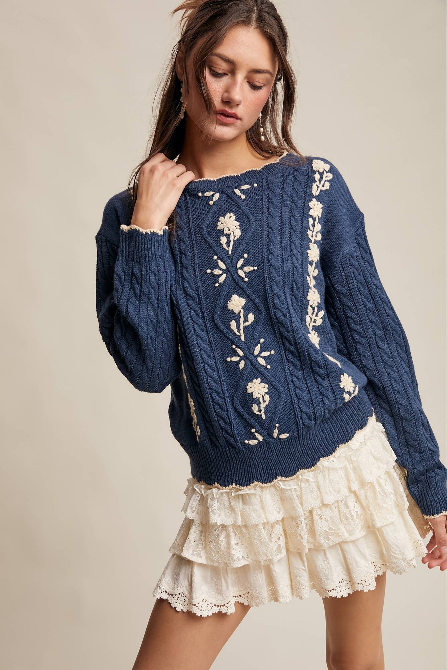 Floral Embroidered Cable Knit Sweater