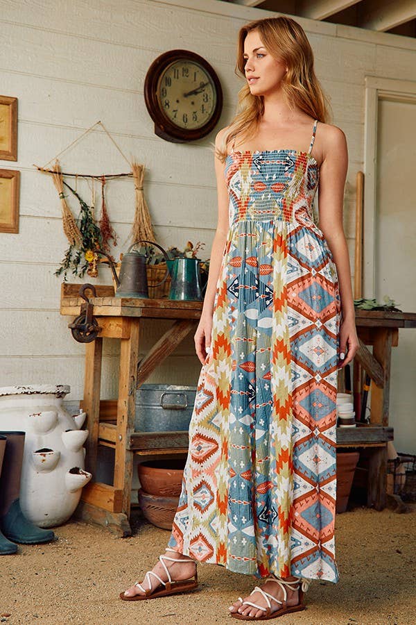 Smocked Aztec Print Jumpsuit
