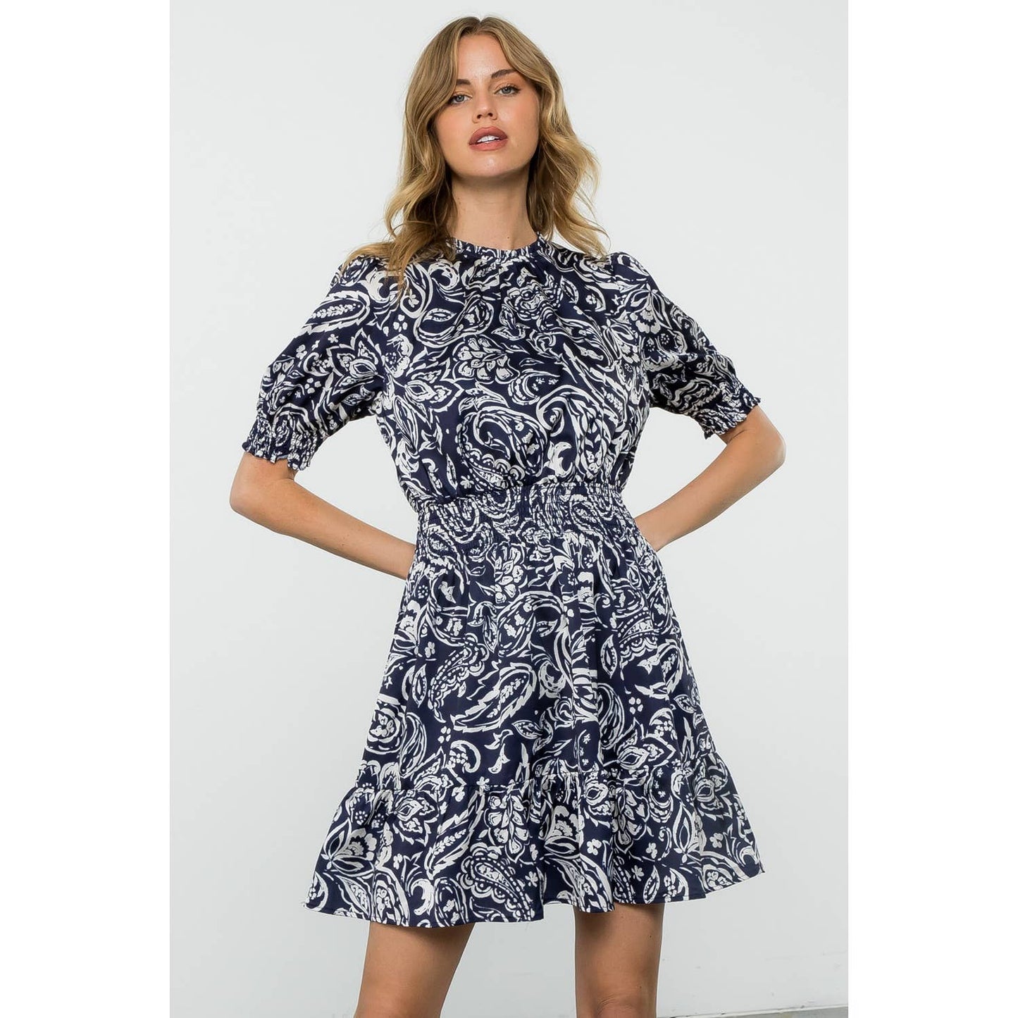Navy Short Sleeve Smocked Waist Dress with Leaf Print