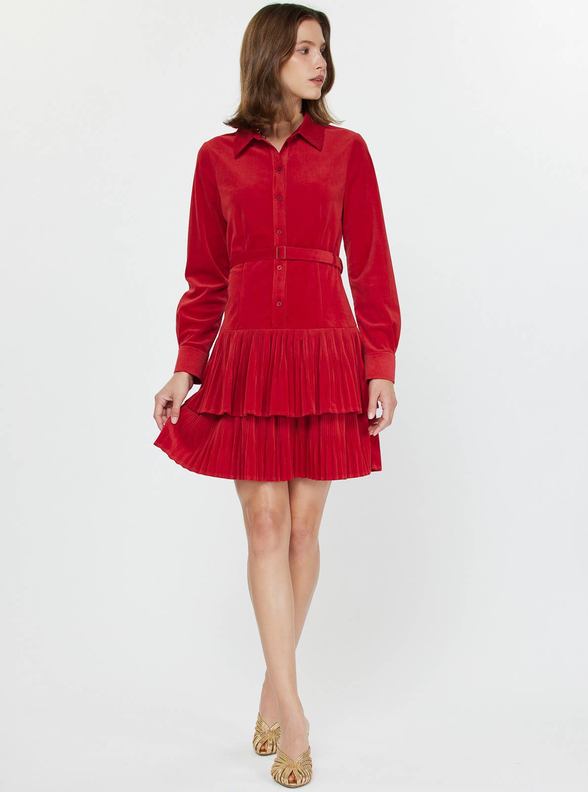 Velvet Pleated Tiered Shirt Mini Dress