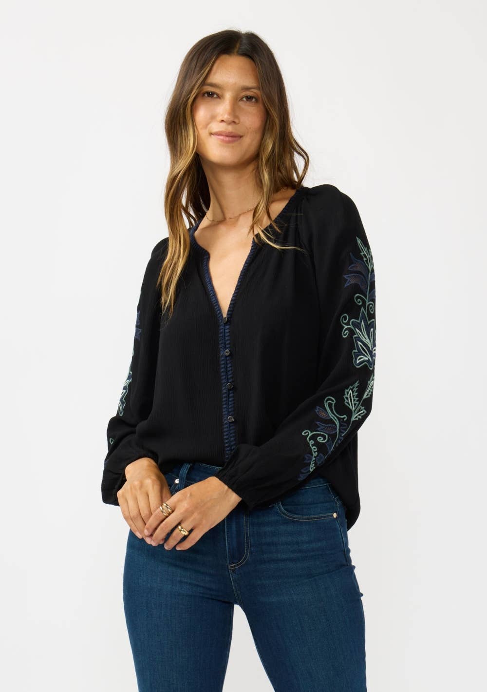 Embroidered Sleeve Button Down Blouse