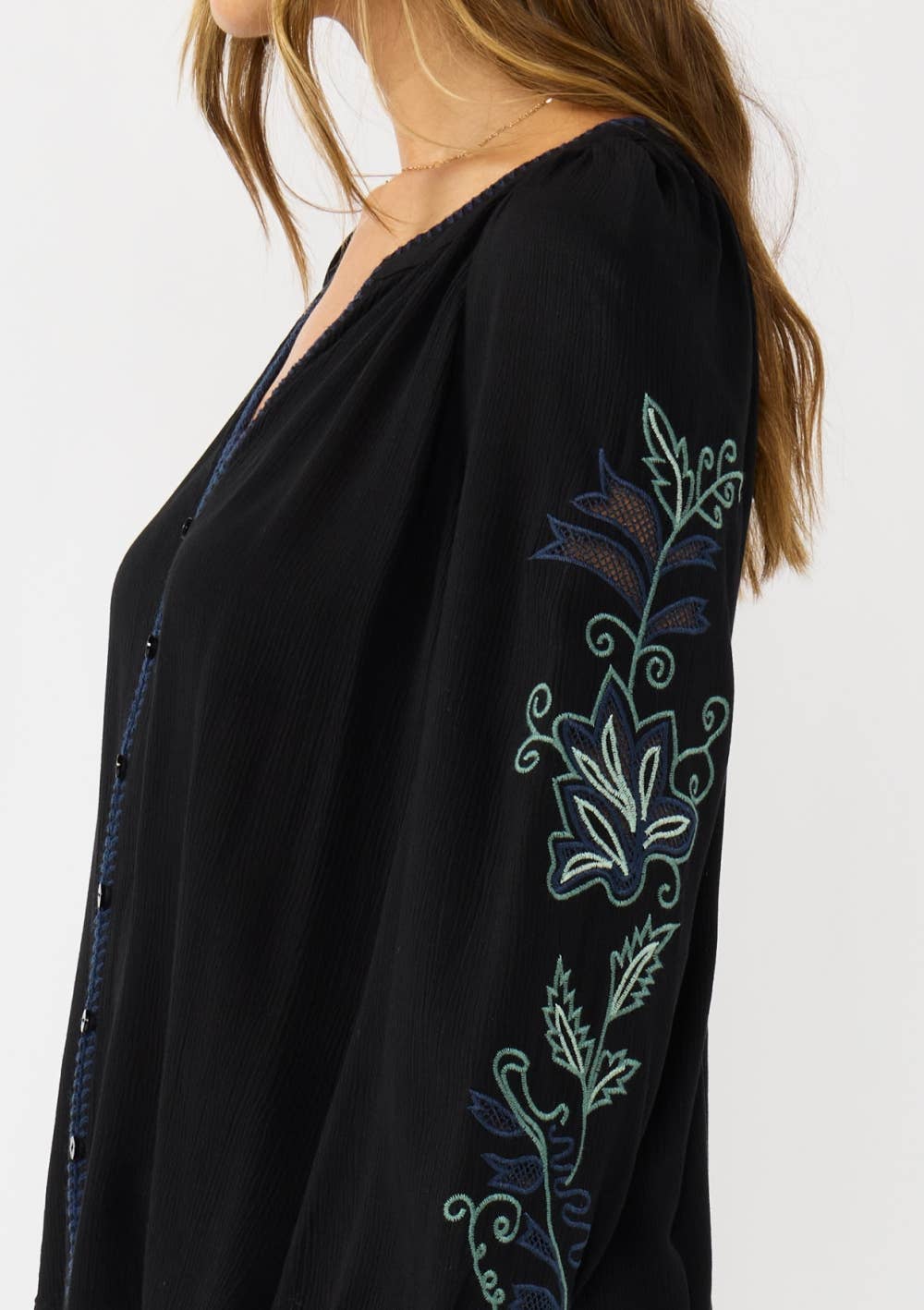 Embroidered Sleeve Button Down Blouse