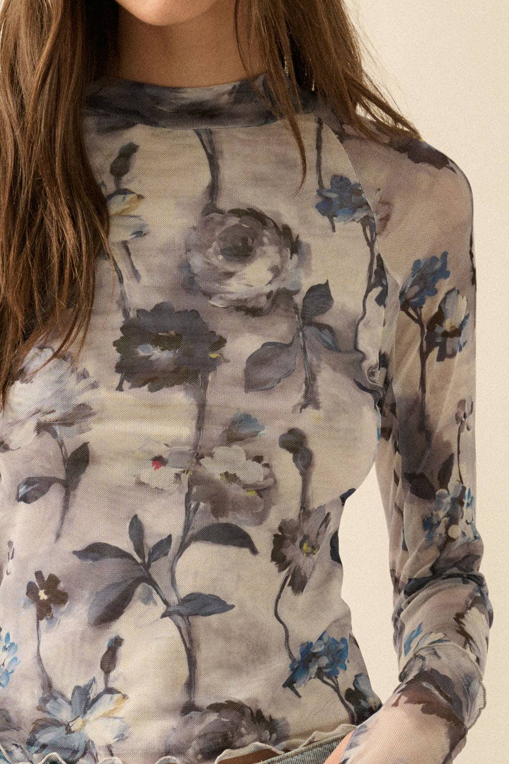 Floral Mesh Raglan-Sleeve Mock-Neck Thumbhole Top