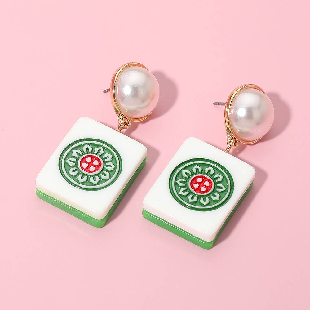 Pearl Accent Mahjong Tile Drop Earrings