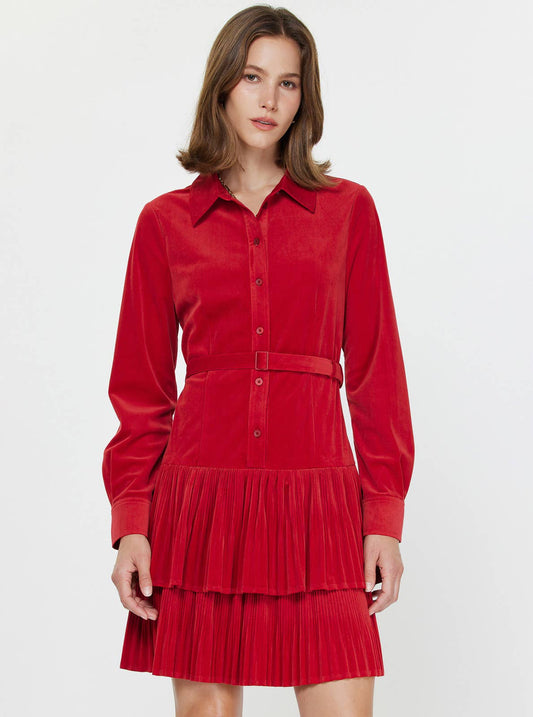 Velvet Pleated Tiered Shirt Mini Dress