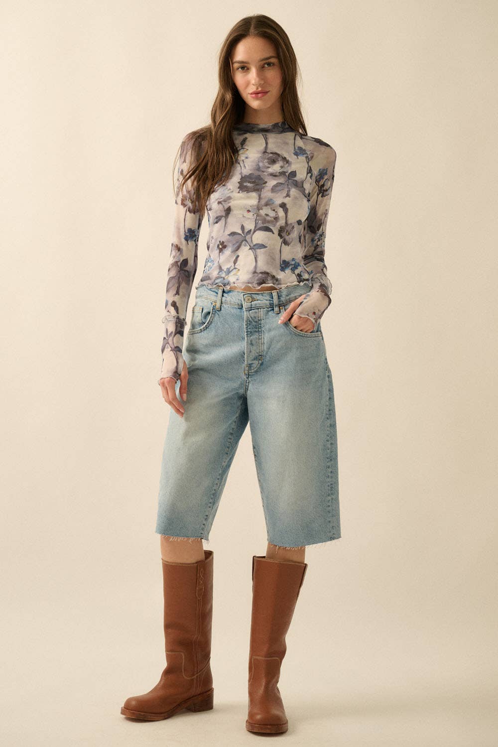 Floral Mesh Raglan-Sleeve Mock-Neck Thumbhole Top