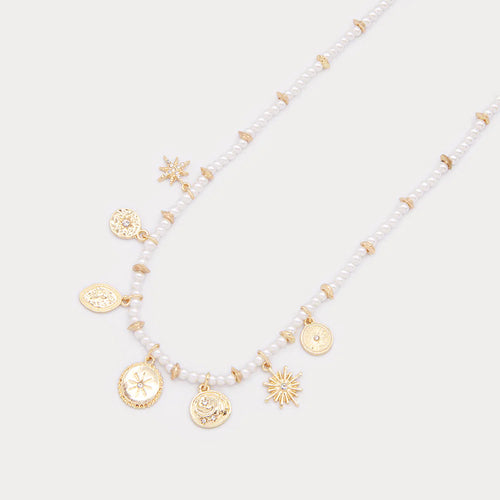 1814 Imitation Pearl Neclace with Multiple Charms