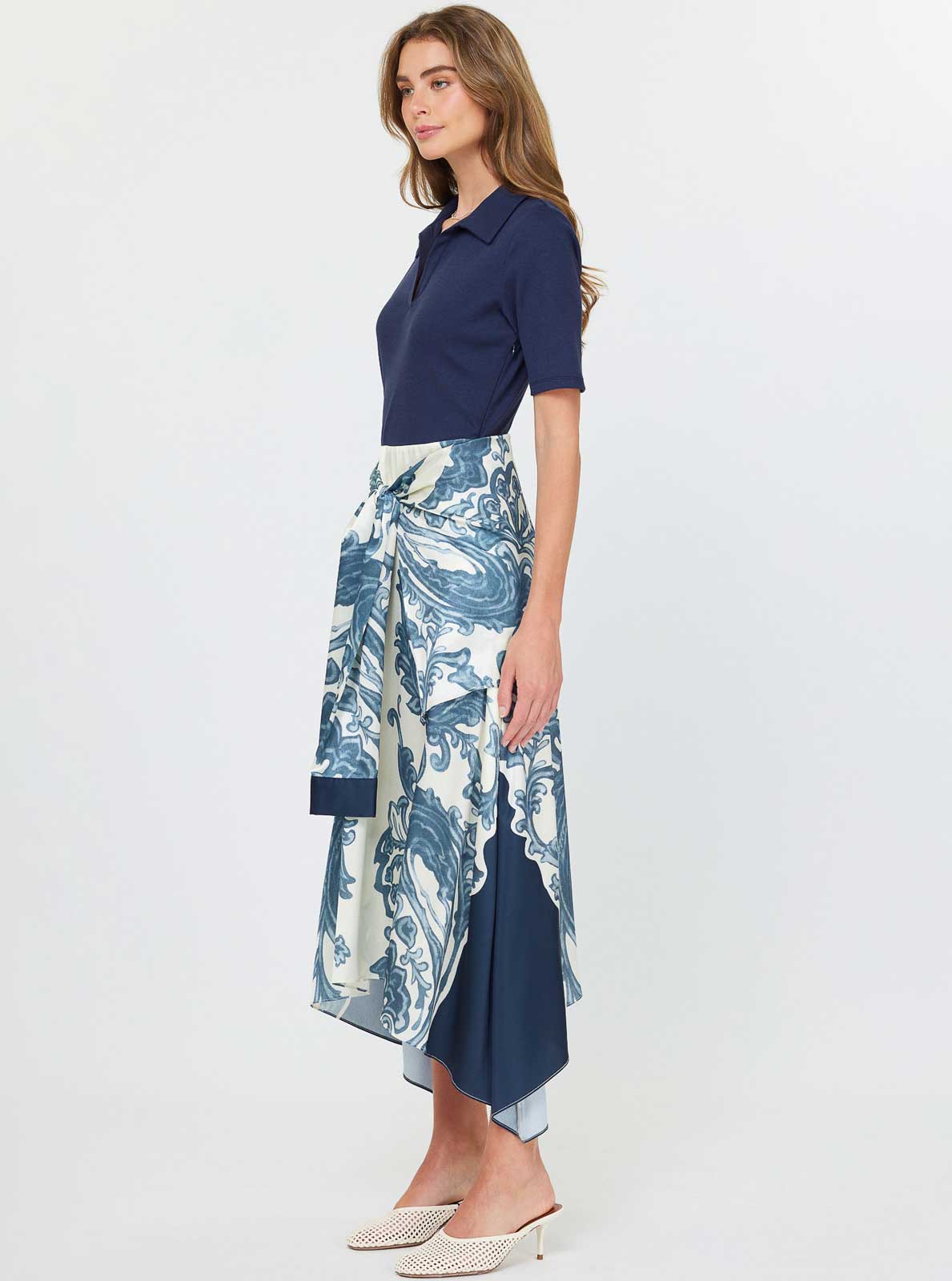 Polo Knit Top Midi Printed Dress W/faux Sleeve Tie by Current Air
