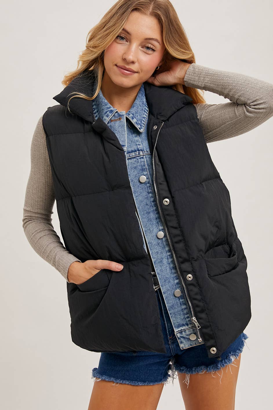 DENIM LAYERED PUFFER VEST